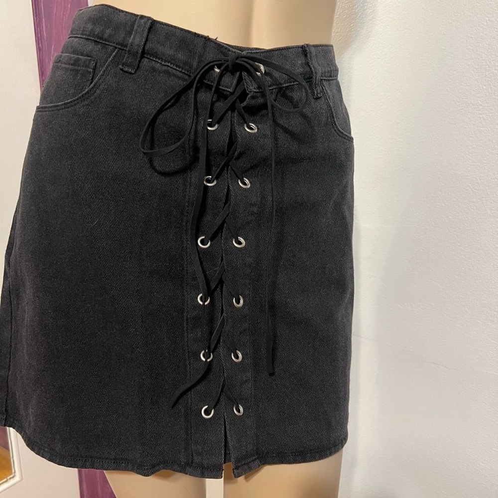 Black Lace-Up Denim Skirt